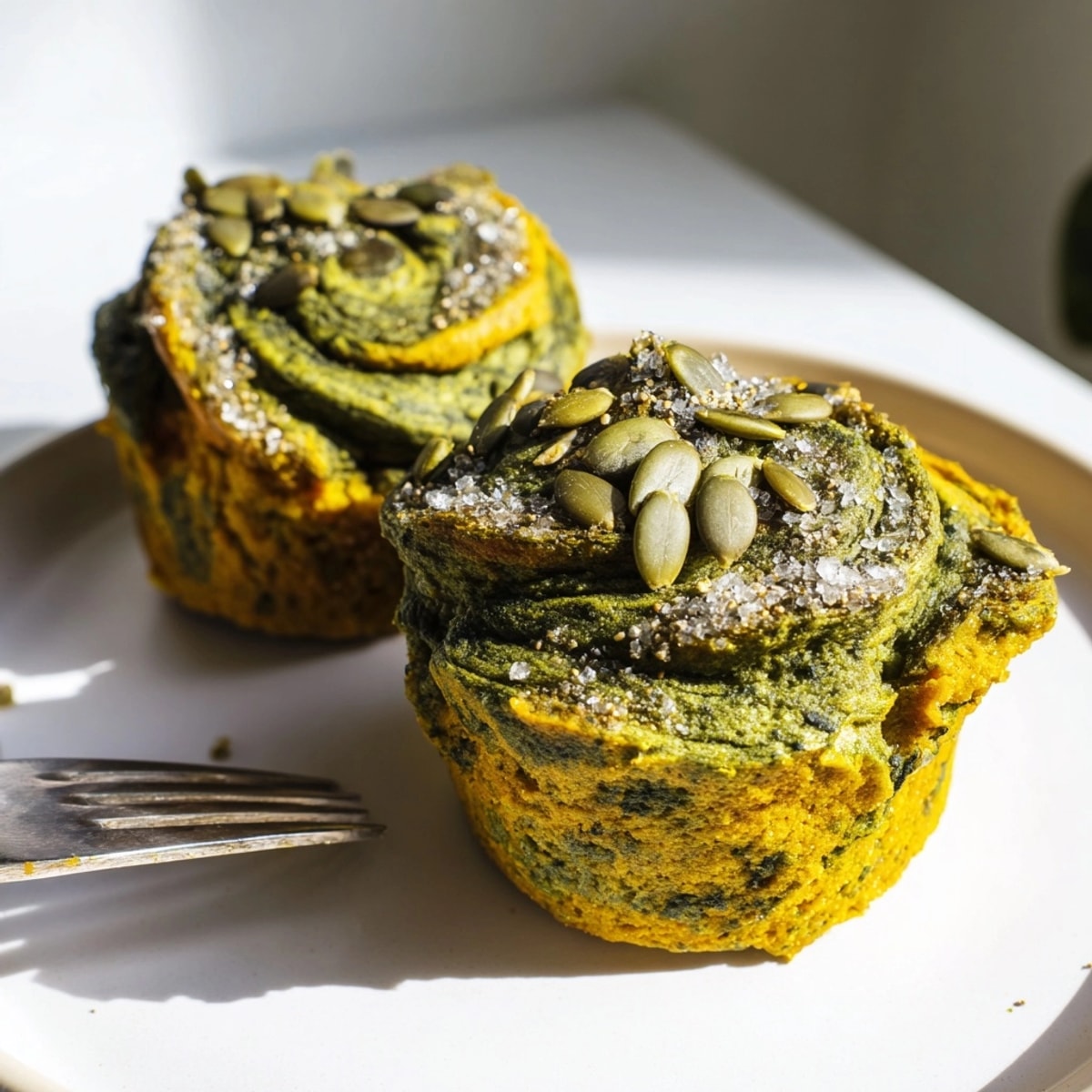 Close-up of moist Rustic Matcha Pumpkin Muffin showing crumb texture and vibrant green matcha.