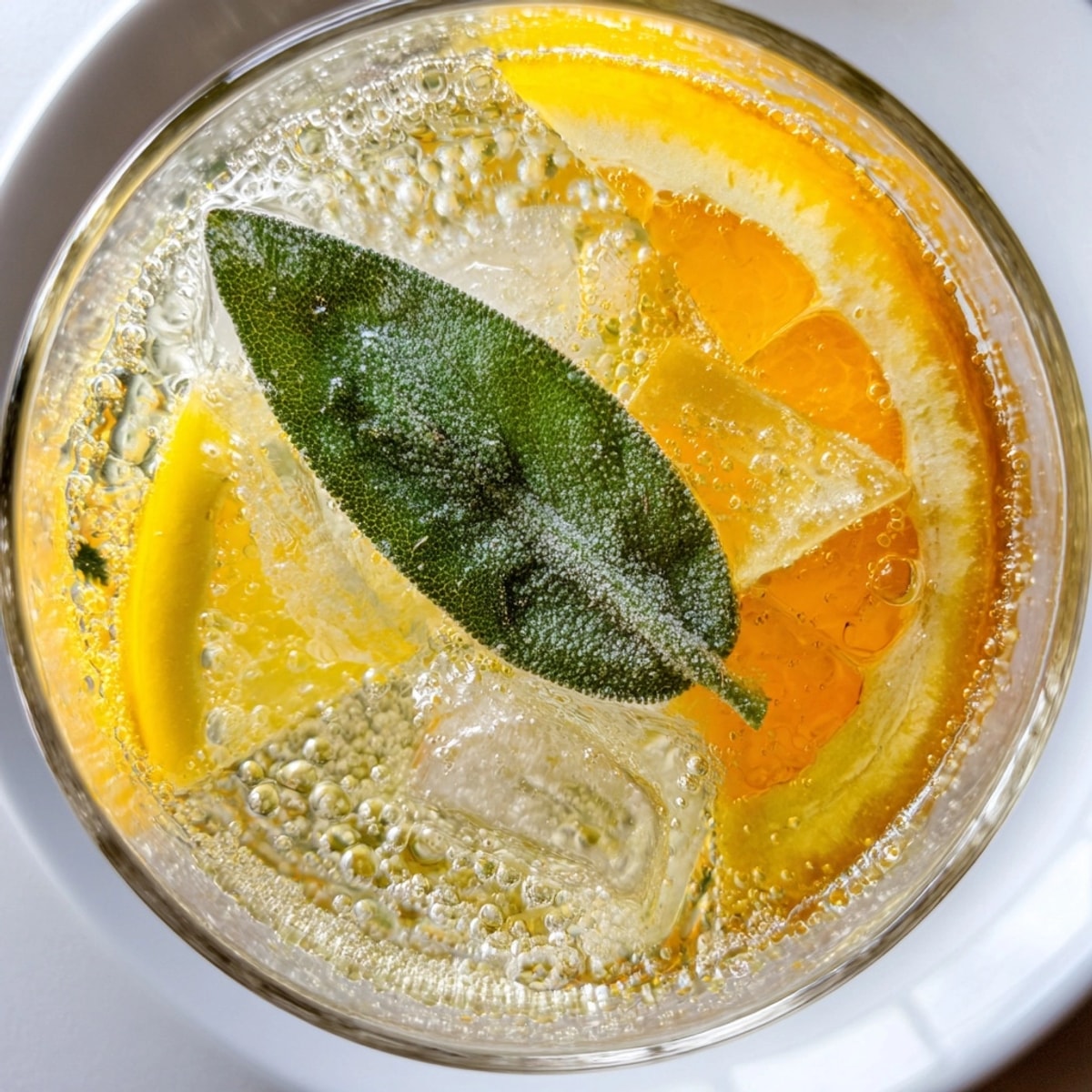 Frothy Thanksgiving Nonalcoholic Sage-Fizz Mocktail in glass, garnished with sage and citrus slice.