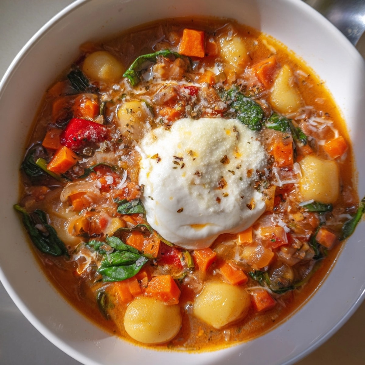 Bowl of Lasagne Soup with Sweet Potato Gnocchi topped generously with cheeses.