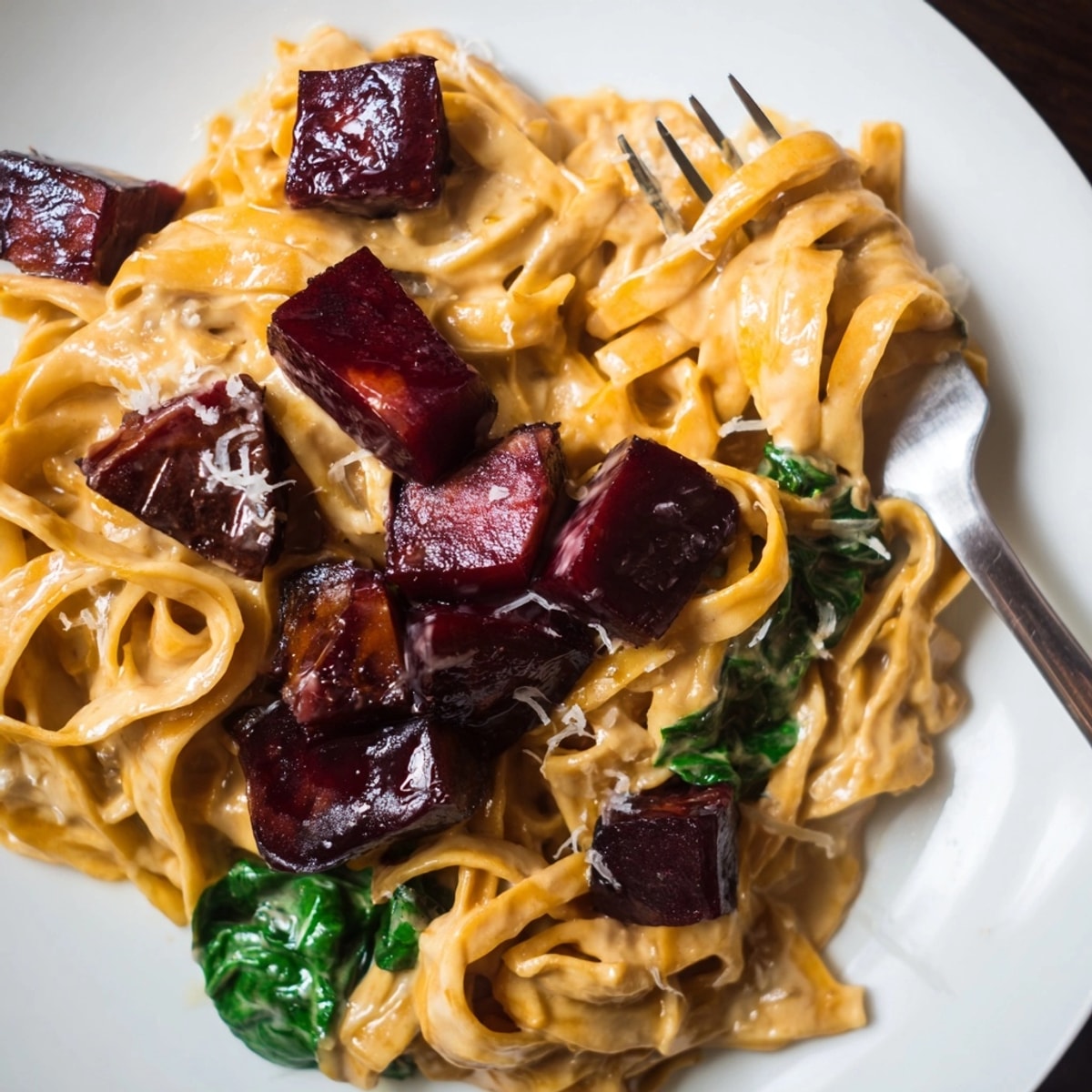 Close-up of creamy Pumpkin Pasta with Roasted Maple Beet, topped with Parmesan.
