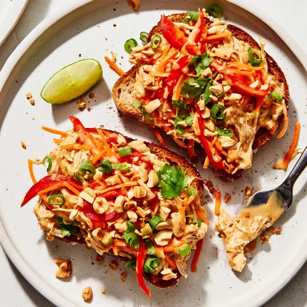 Decadent Thai Peanut Pinto Chicken Toast topped with fresh veggies and creamy sauce.  