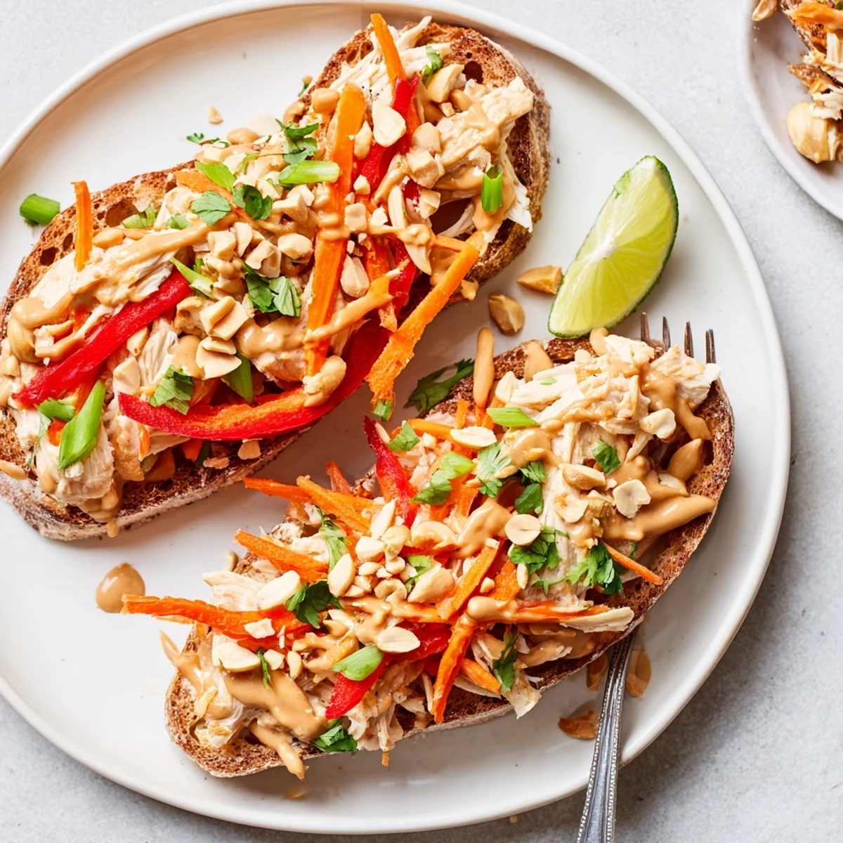 Colorful, spicy Thai Peanut Pinto Chicken Toast piled high on crispy sourdough.  