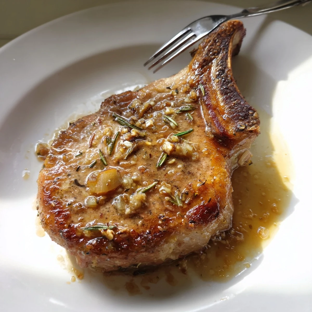 Golden-brown pork chops infused with garlic and rosemary, perfect for any dinner.  