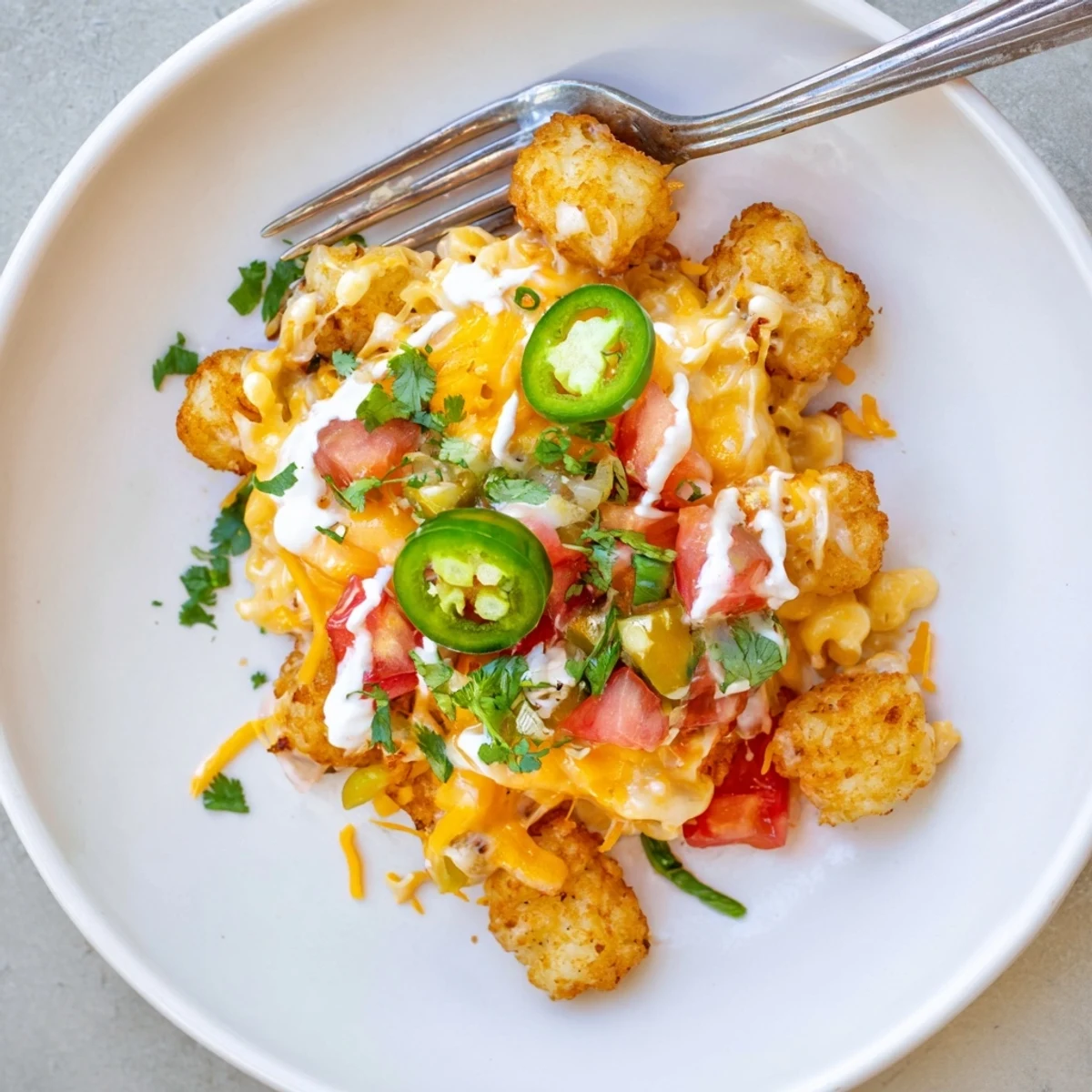 Crispy Tex-Mex Tater Tots layered with creamy mac and cheese and fresh toppings.  