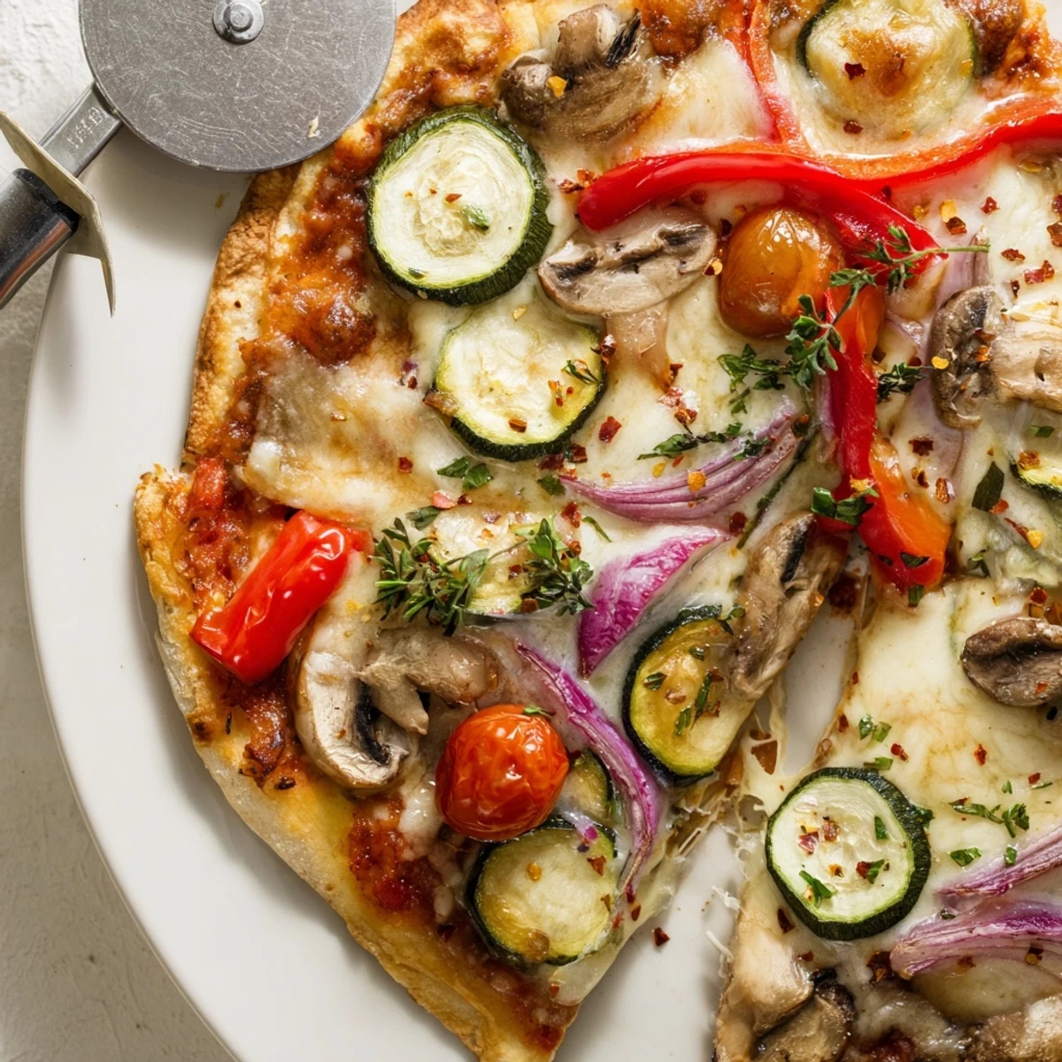 Cajun Roasted Veggie Pizza topped with colorful vegetables and melted cheese on golden crust.  