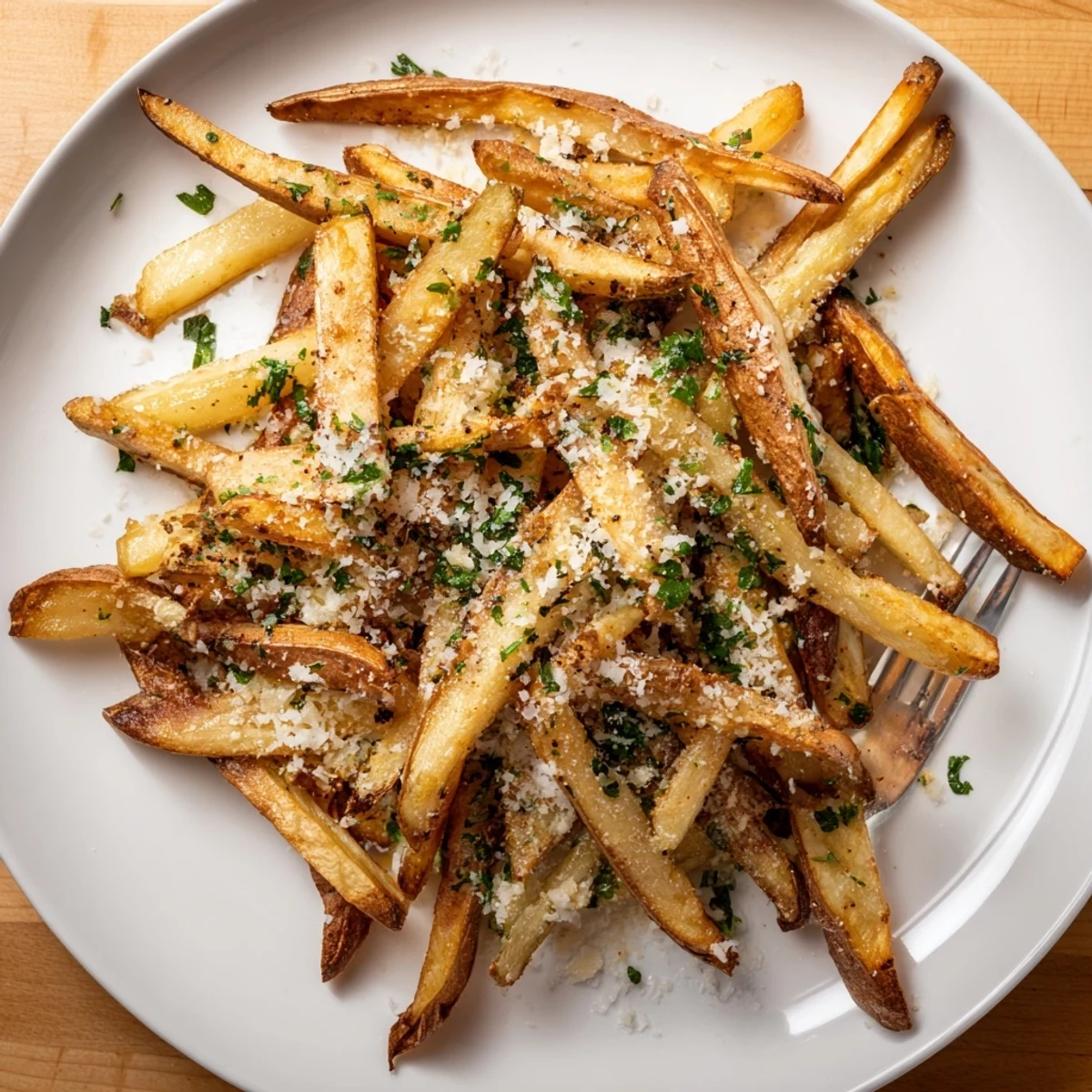 Crispy Garlic Parmesan yam fries served with fresh parsley for a flavorful snack.  