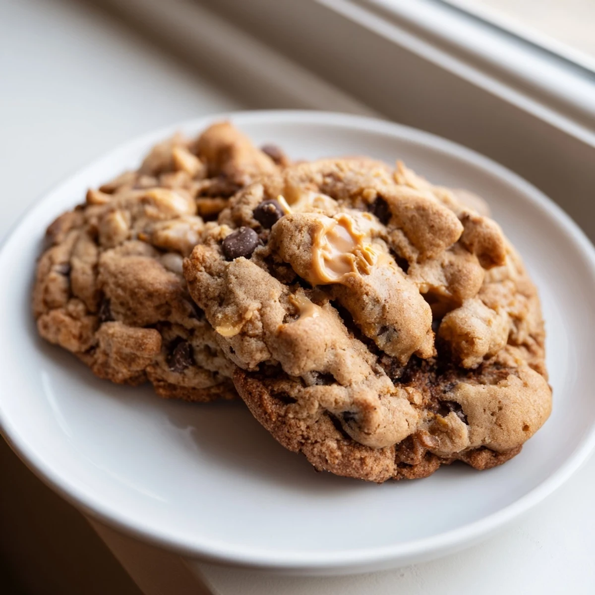 Soft and chewy Peanut Butter Banana Chip Cookies with chocolate chunks on a platter.  