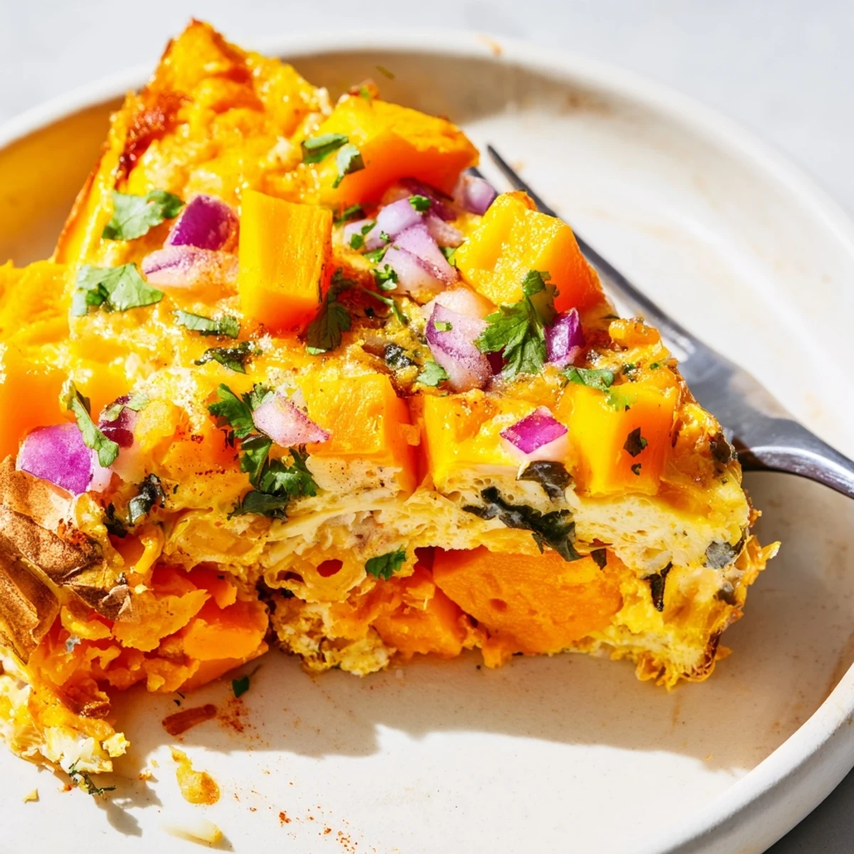 Golden baked Mango Sweet Potato Egg Bake garnished with parsley, ideal for a nourishing breakfast.