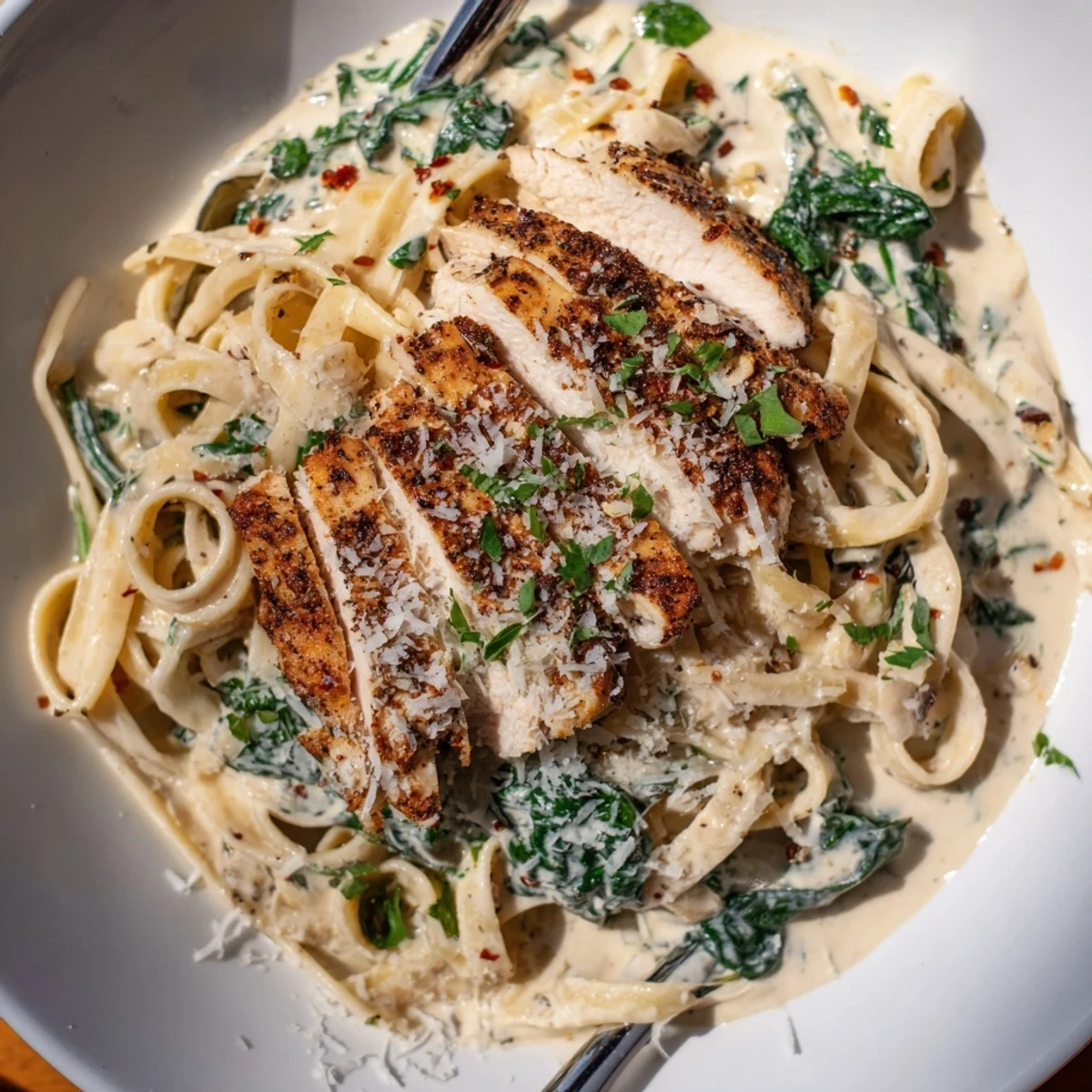 Fettuccine drenched in spicy Cajun Chicken Alfredo with wilted spinach and herbs.  
