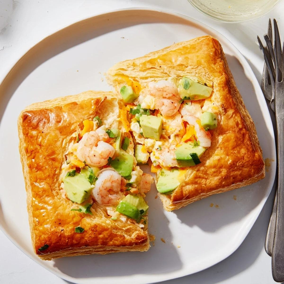 Succulent shrimp and creamy avocado stuffed in crispy pastry pockets, savor every bite.  