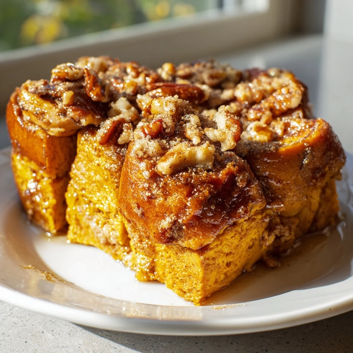 Cozy Protein Pumpkin French Toast Bake topped with pecans and warm cinnamon sprinkle.