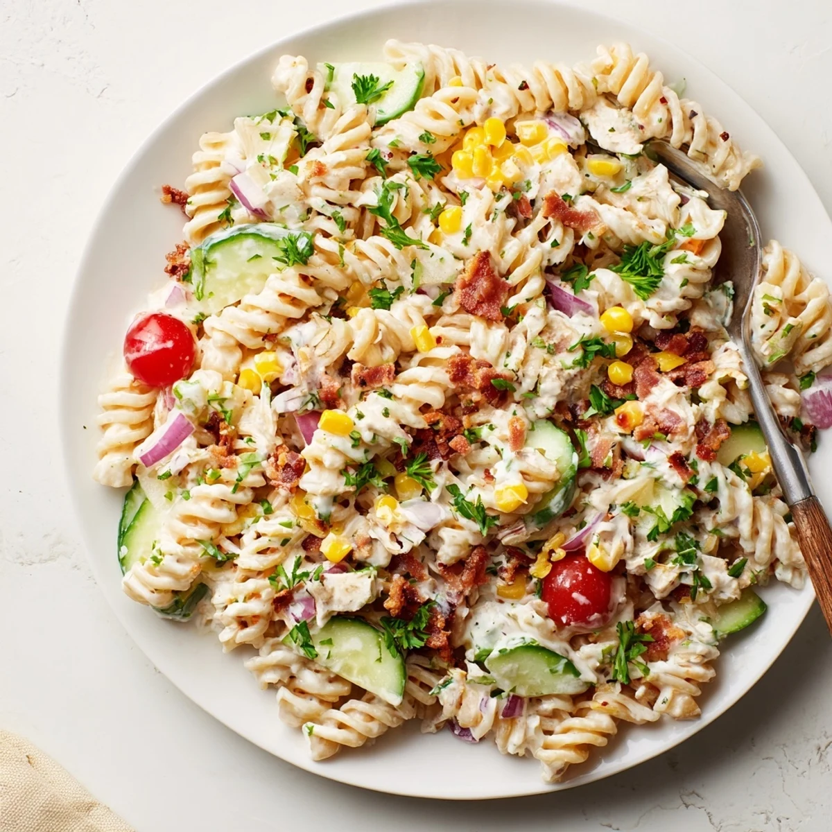 Creamy Alfredo Bacon Ranch Pasta Salad garnished with fresh parsley and crispy bacon.  