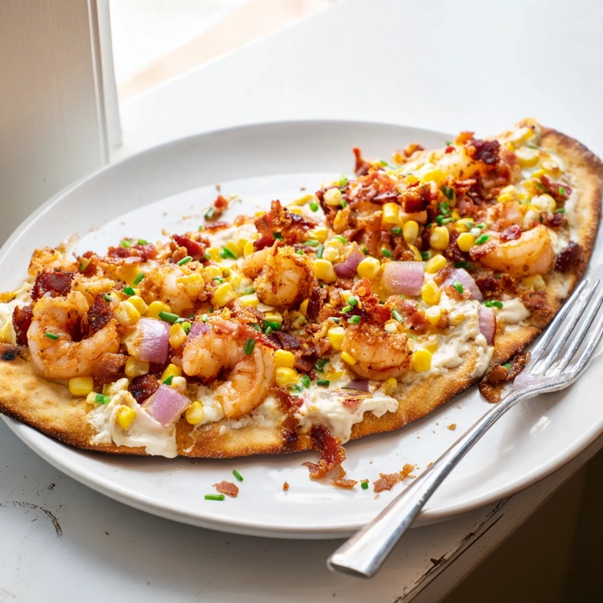 Crispy Shrimp Corn Chowder Flatbread topped with shrimp, corn, and creamy cheeses.  