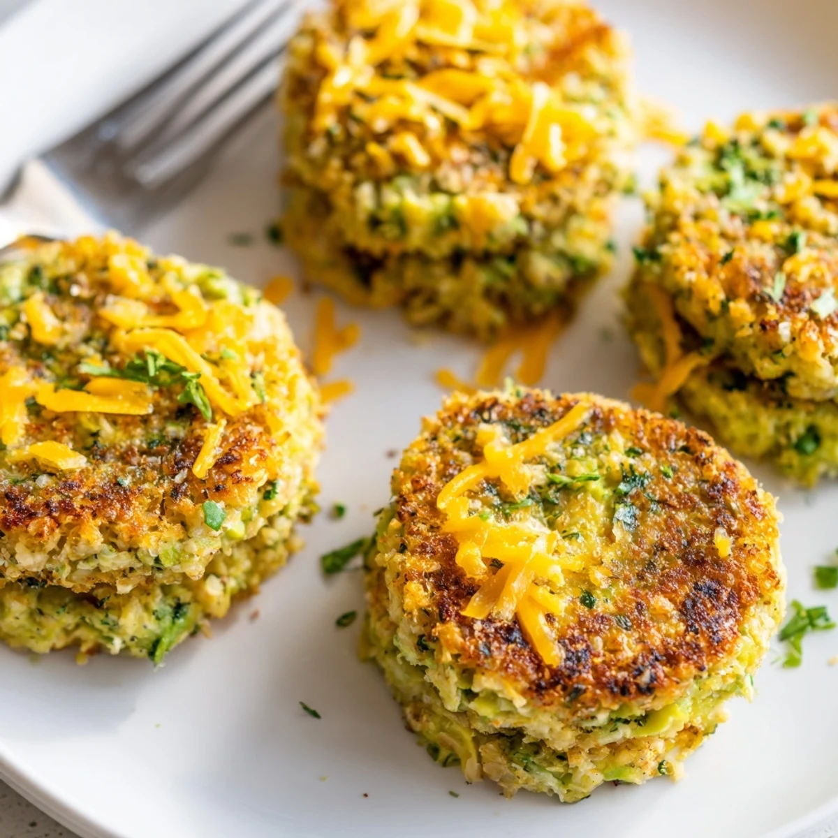 Golden brown avocado cheddar rice cakes served with fresh cilantro garnish.  