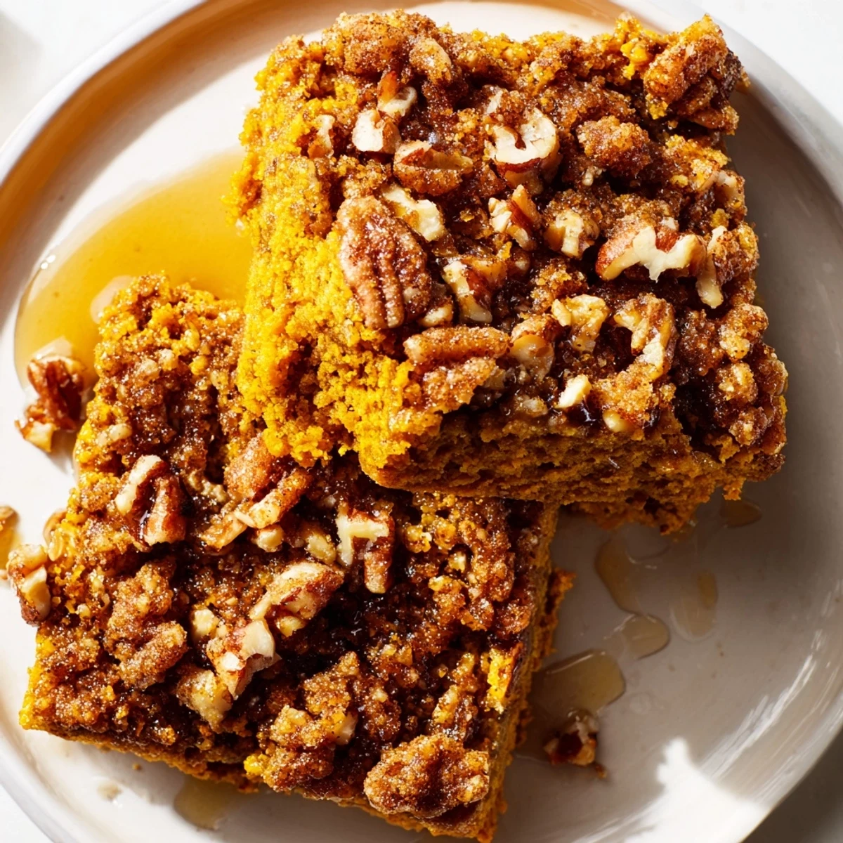 Moist Cinnamon Maple Pumpkin Bars drizzled with syrup, perfect for fall gatherings.  