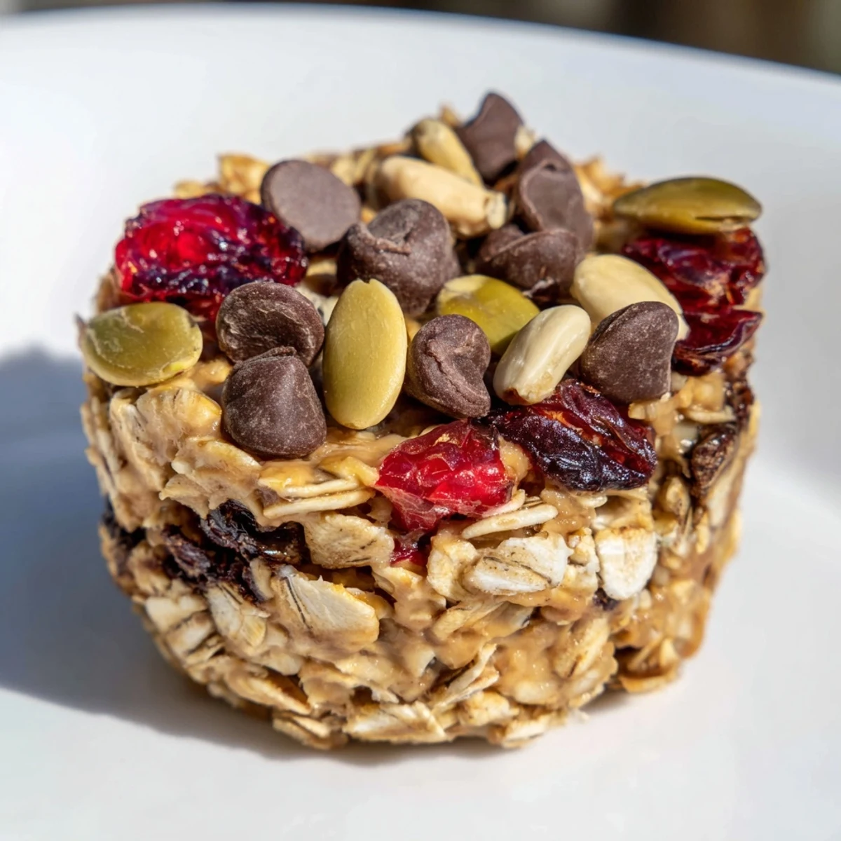 Creamy Peanut Butter Trail Mix Breakfast Cups filled with oats, nuts, and chocolate.  