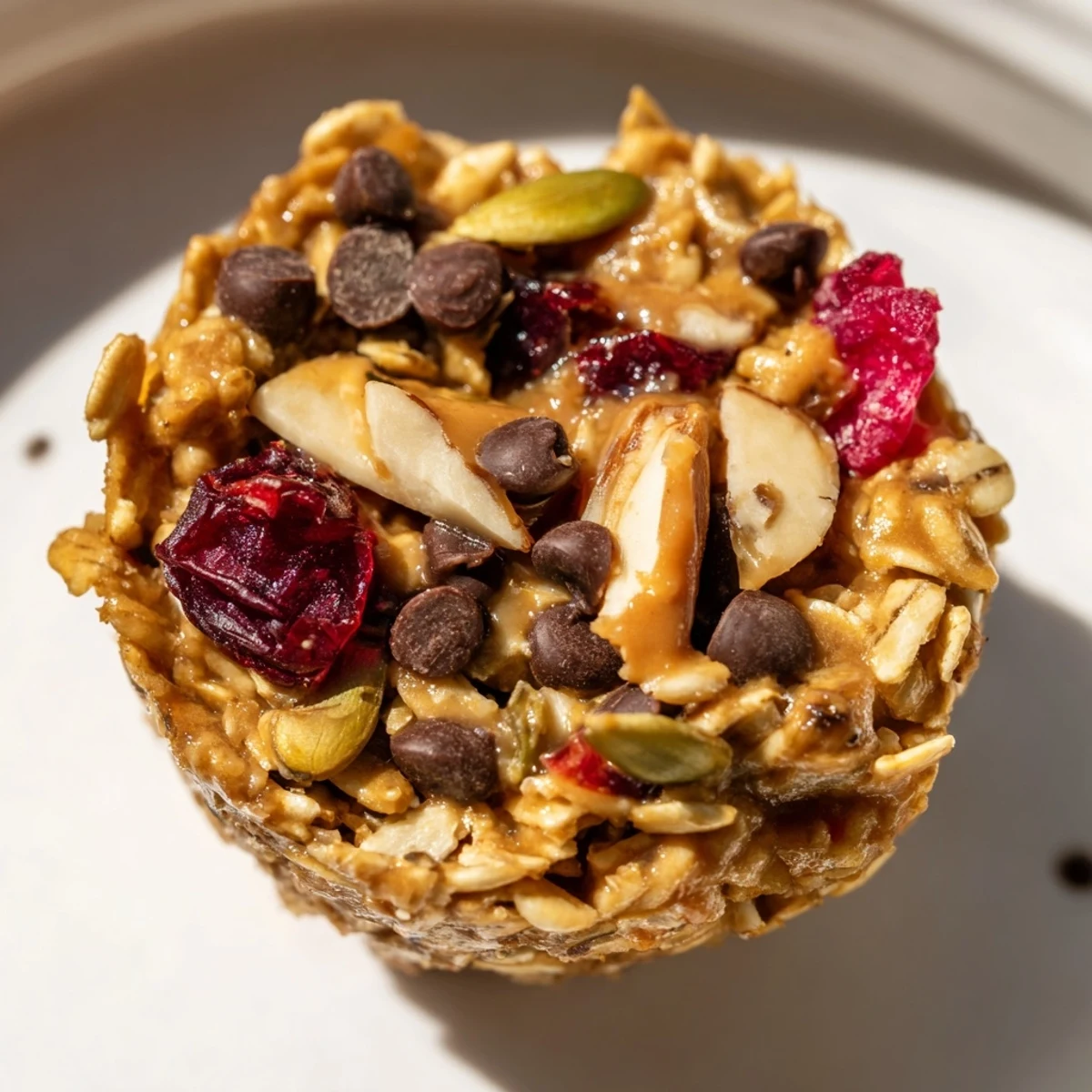Nutty and sweet Peanut Butter Trail Mix Breakfast Cups topped with vibrant dried fruits.
