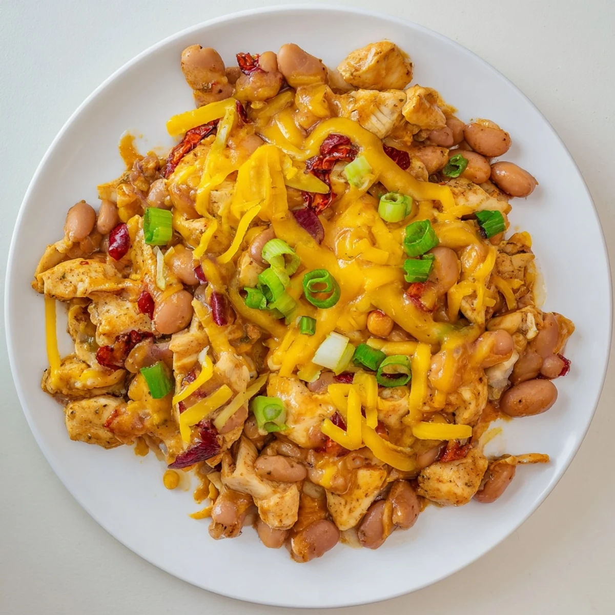 Hearty Cajun Chicken Cheddar Pintos topped with melty cheese and fresh herbs.  