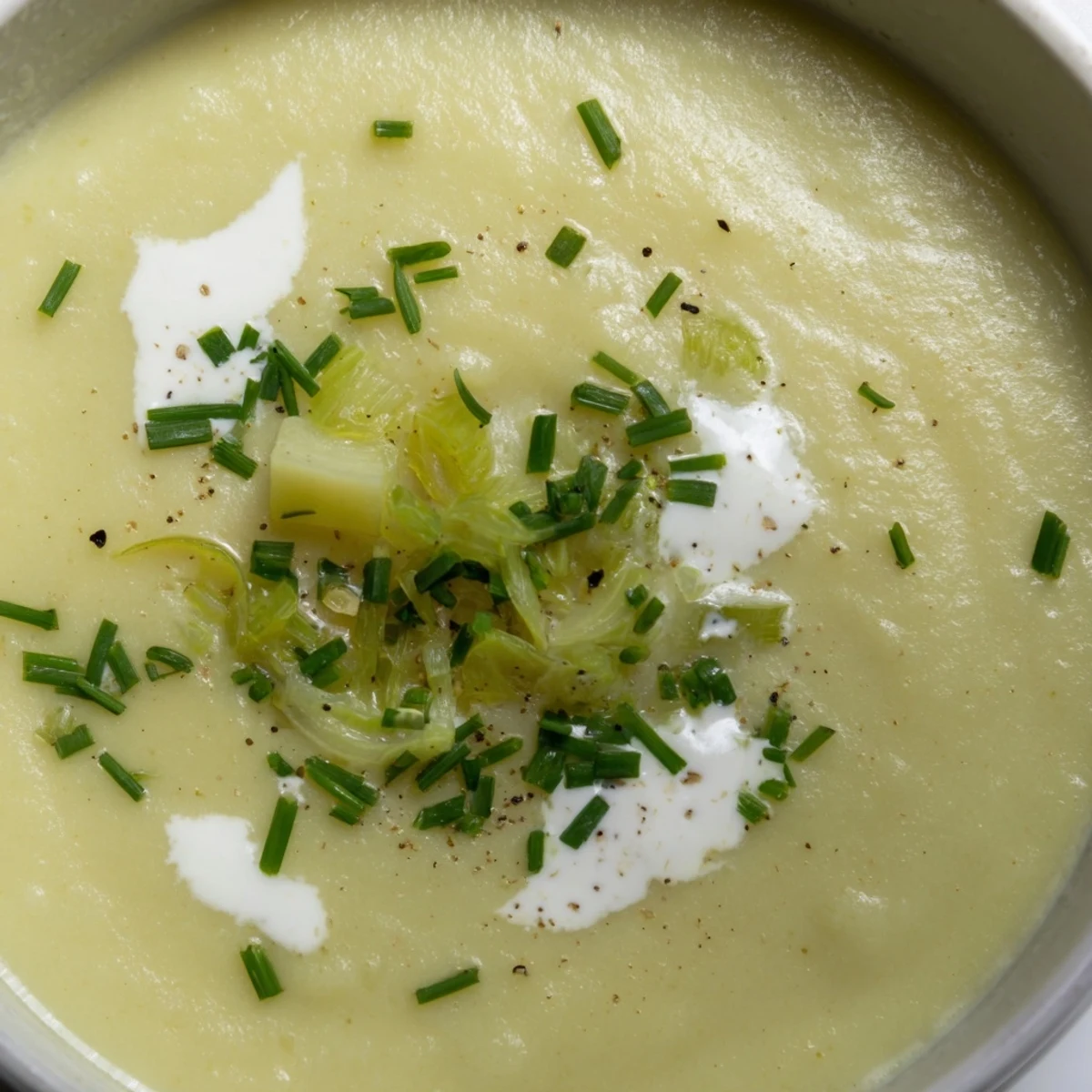 Velvety Creamy Potato & Leek Soup steaming hot beside crusty bread slices.  