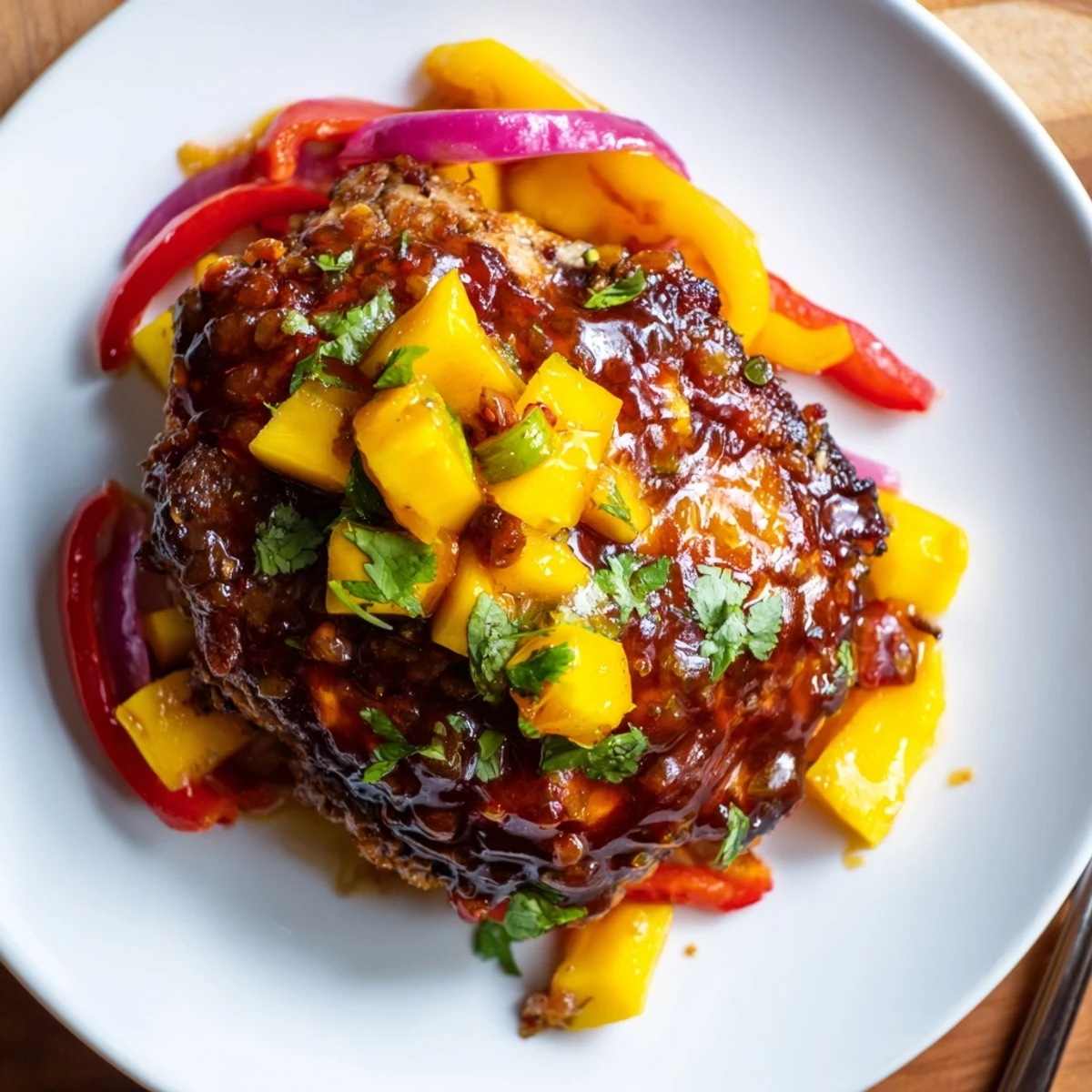 Golden-brown Mango BBQ Pork Chop Bake sizzling in a baking dish, bursting with flavor.