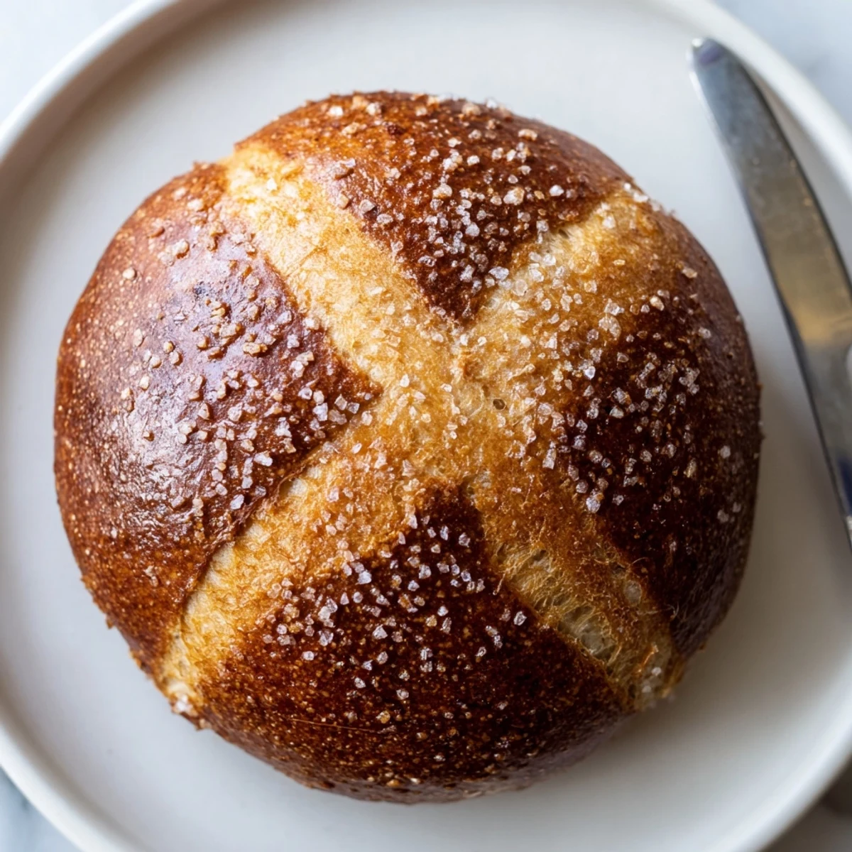 Freshly baked Bavarian Pretzel Rolls showcasing a tender interior and irresistible buttery sheen.