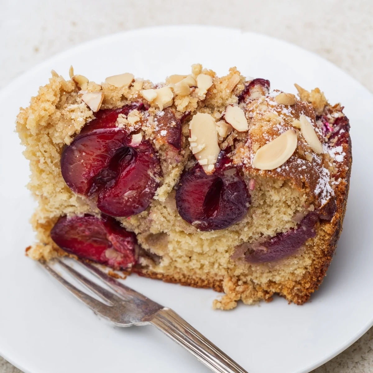 Moist marzipan plum cake topped with juicy fruit and crunchy almonds, perfect for dessert.  