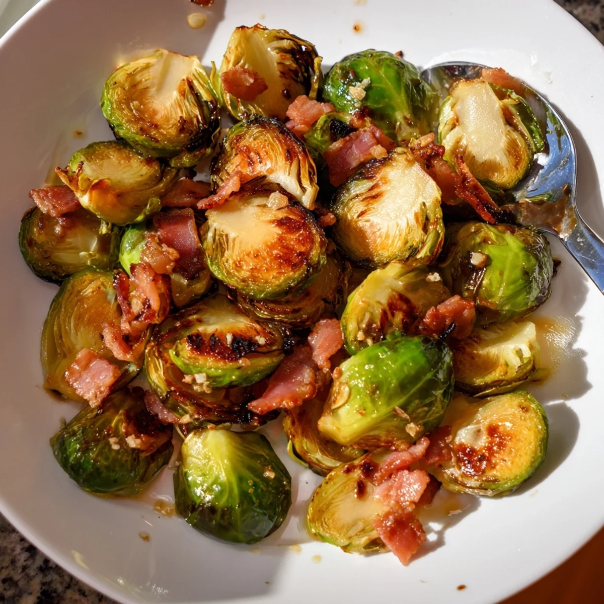 Crispy Roasted Brussels Sprouts with Bacon, drizzled with balsamic glaze and garlic.  
