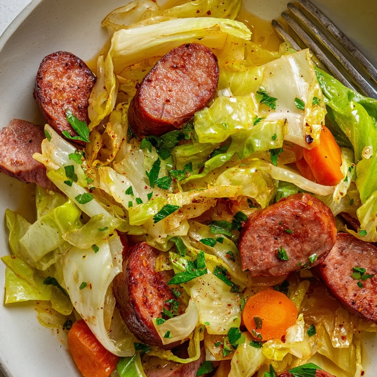 Rustic sausage & cabbage skillet featuring tender cabbage and golden brown sausage slices.