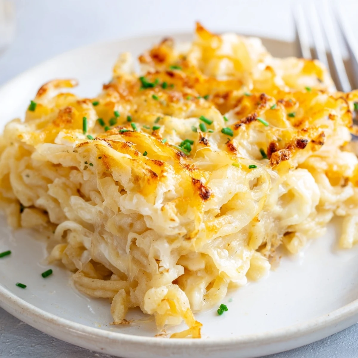 Comforting Cheesy Spaetzle Bake, rich with caramelized onions and fresh herbs.  