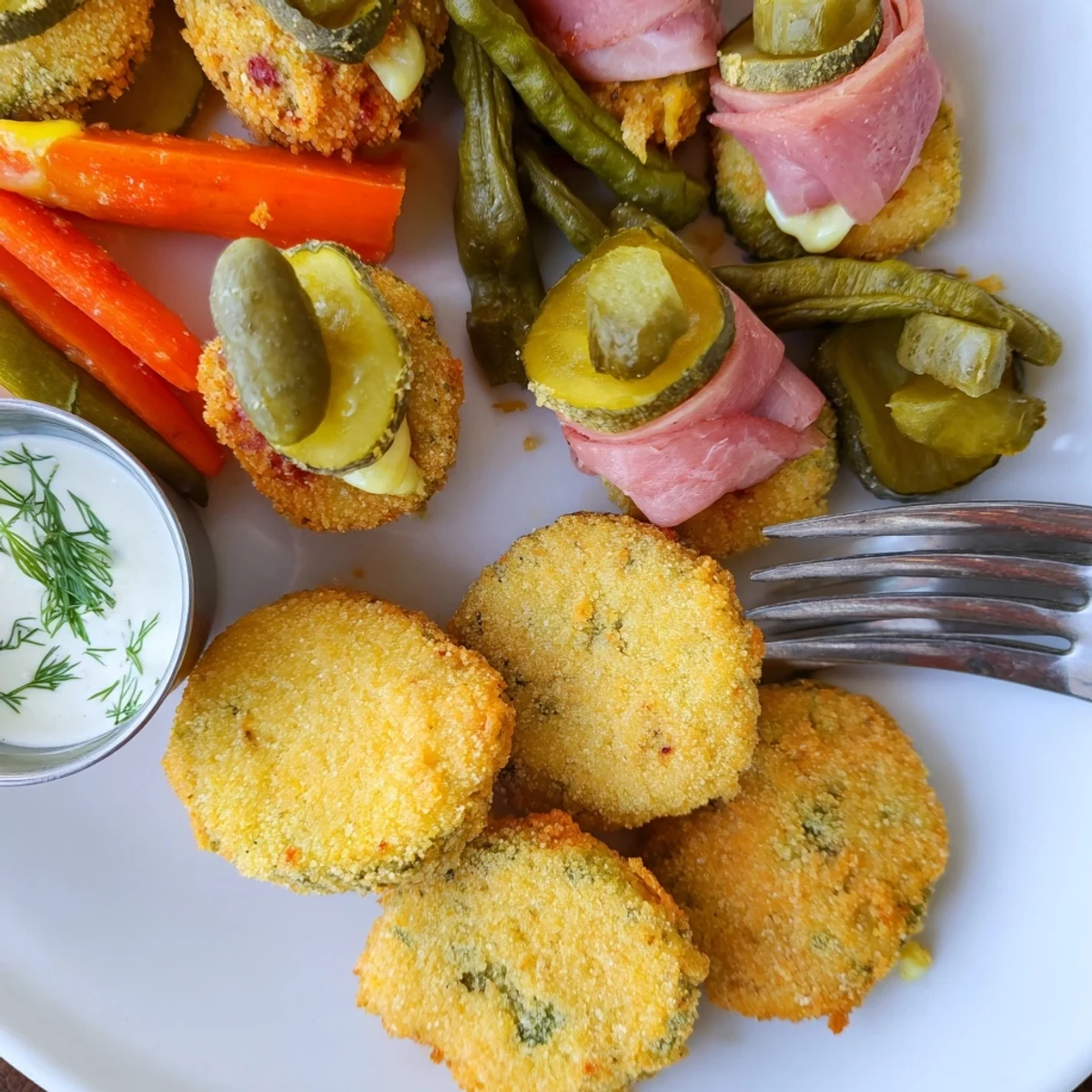 Crispy fried pickles served with tangy ranch dipping sauce on a platter.  