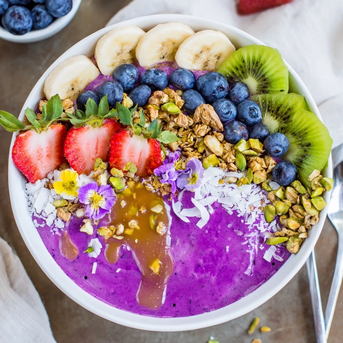 Enjoy a colorful smoothie bowl recipe featuring creamy textures and crunchy toppings.