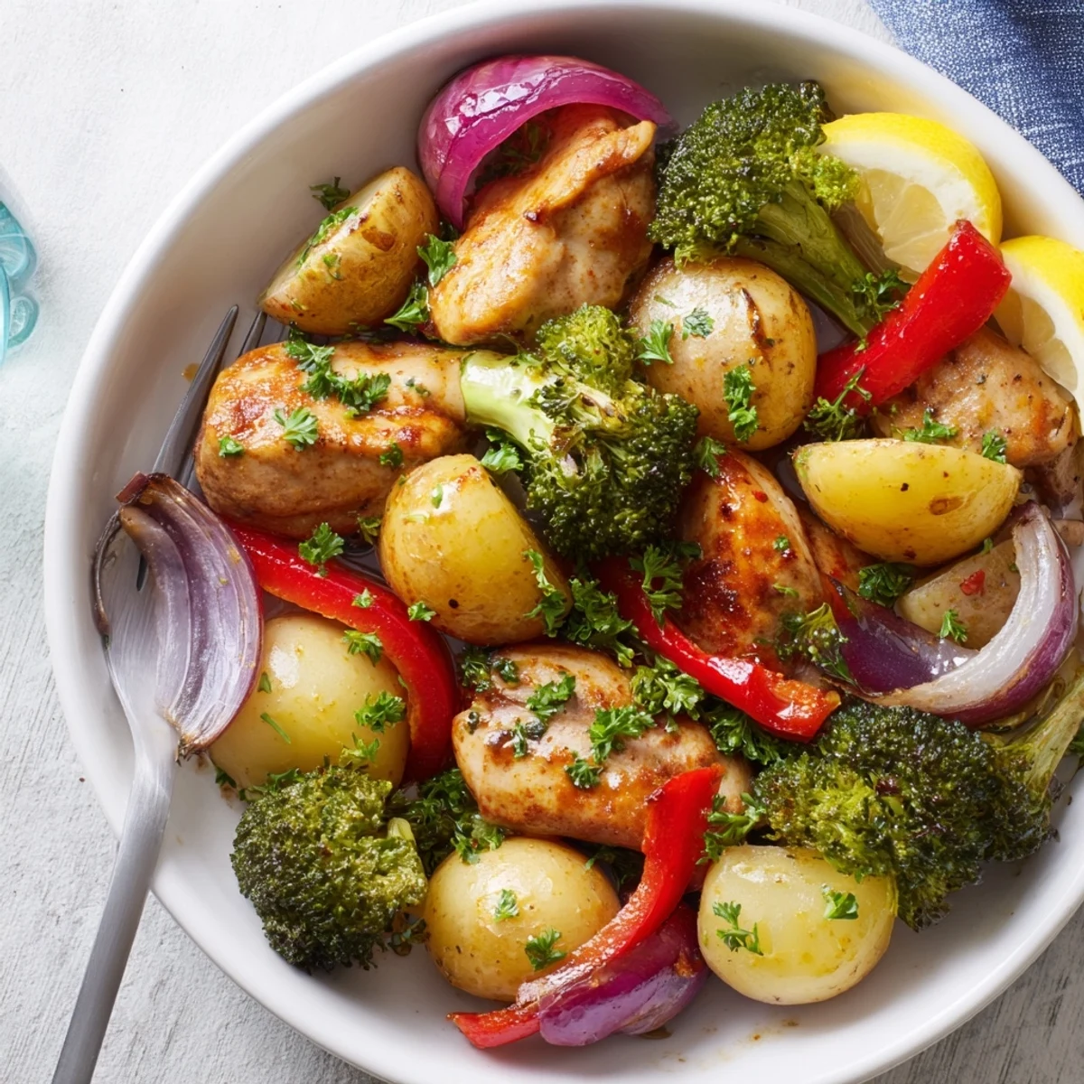 Delicious Lazy Gourmet Chicken & Vegetable One-Pot served with fresh parsley and lemon.  