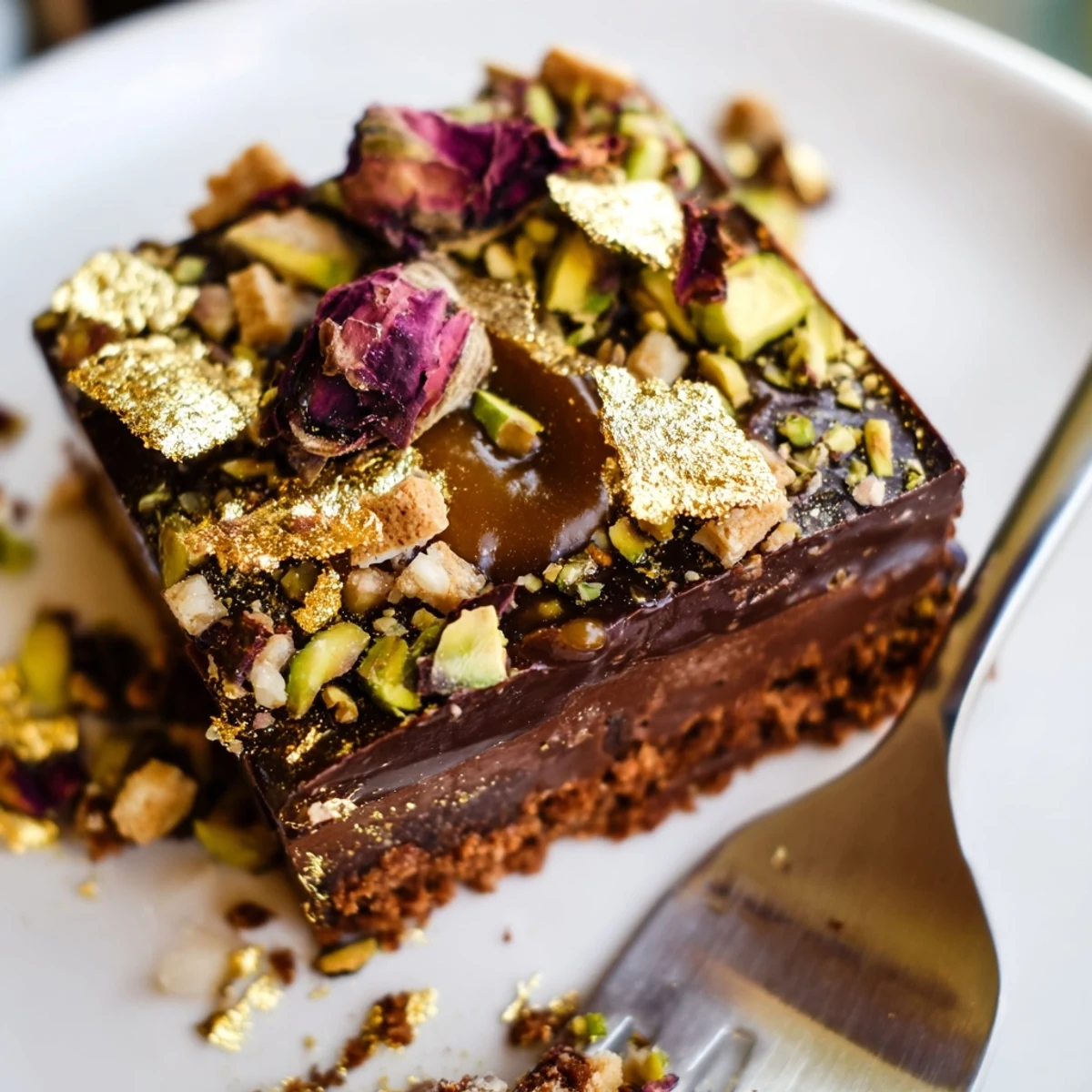 Decadent Chocolate Bar Inspired Creations topped with spiced date caramel and rose petals.  