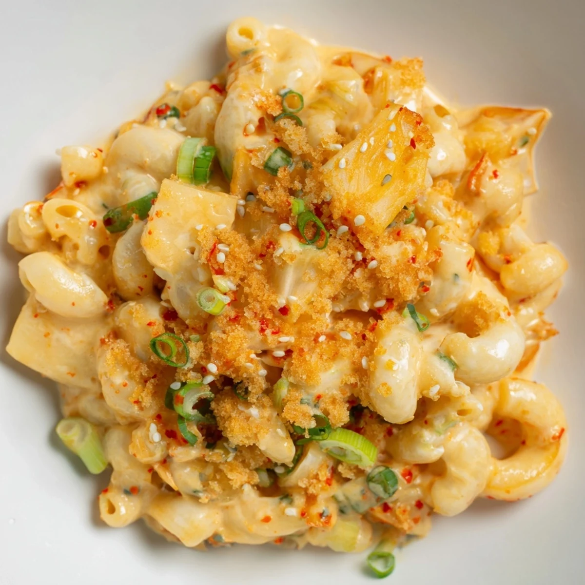 Creamy Spicy Kimchi Mac & Cheese topped with crunchy sesame offers a bold flavor experience.  
