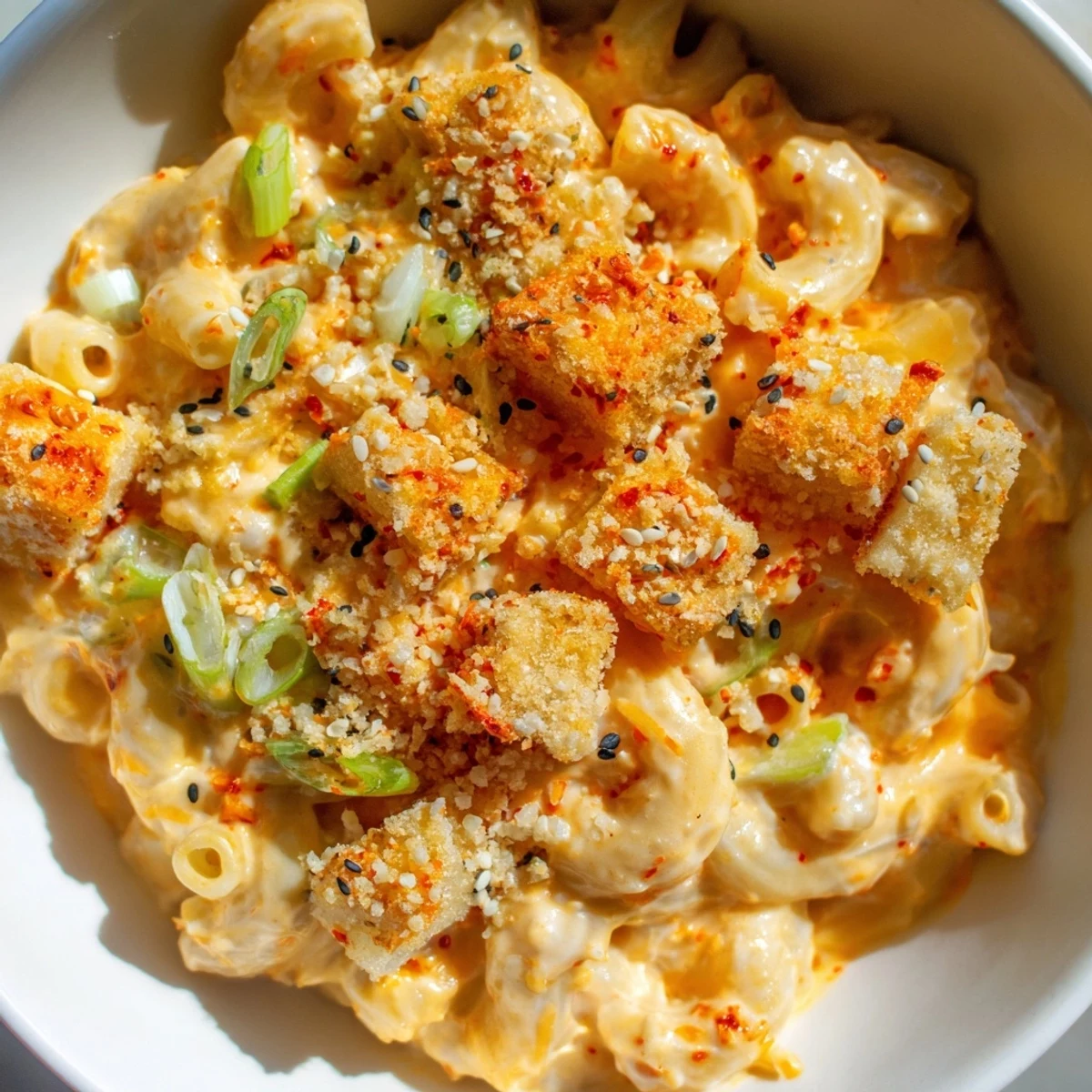 Comforting Spicy Kimchi Mac & Cheese drizzled with rich cheese sauce and melting textures.  