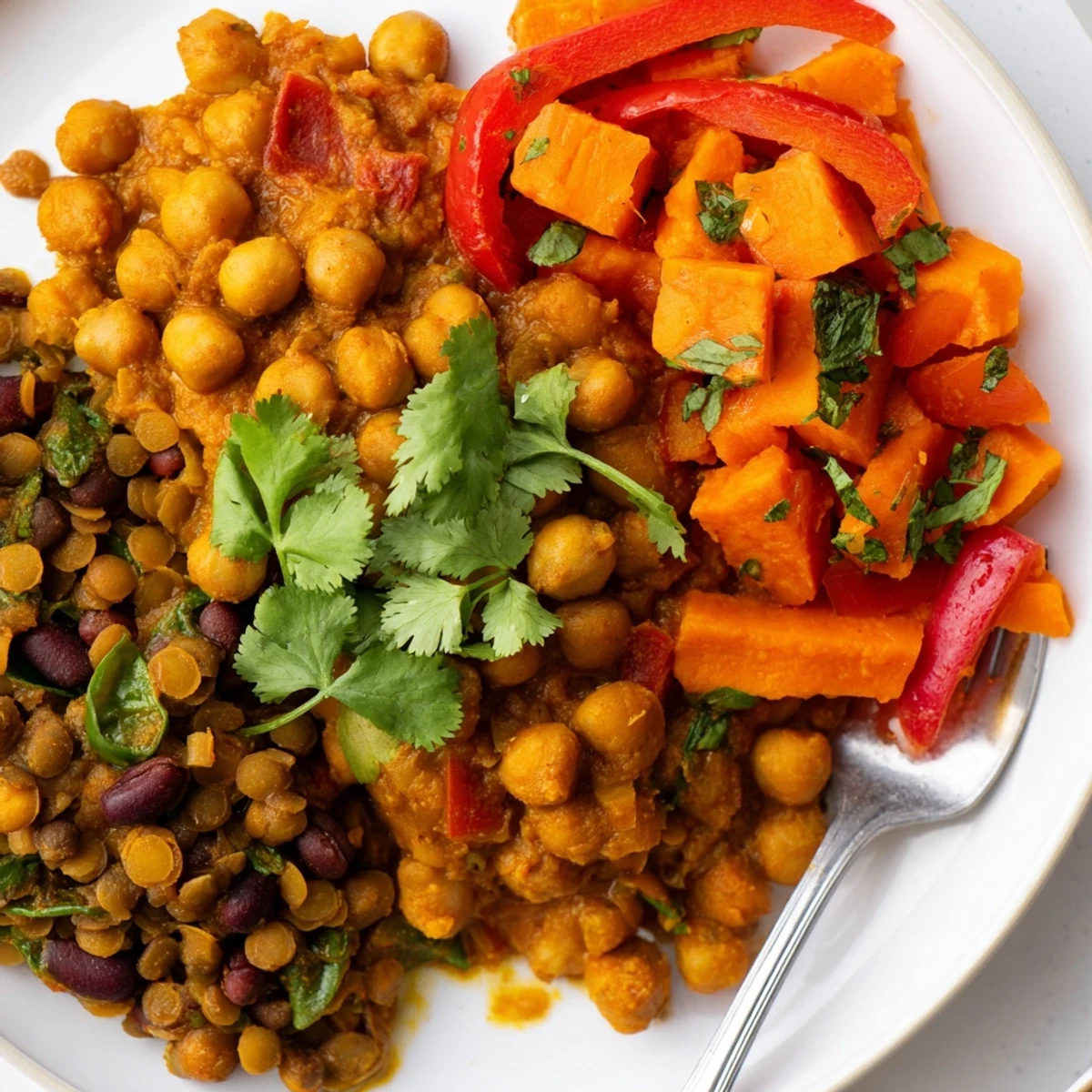 Aromatic Indian Chickpea Curry simmering in a skillet, garnished with fresh cilantro.  