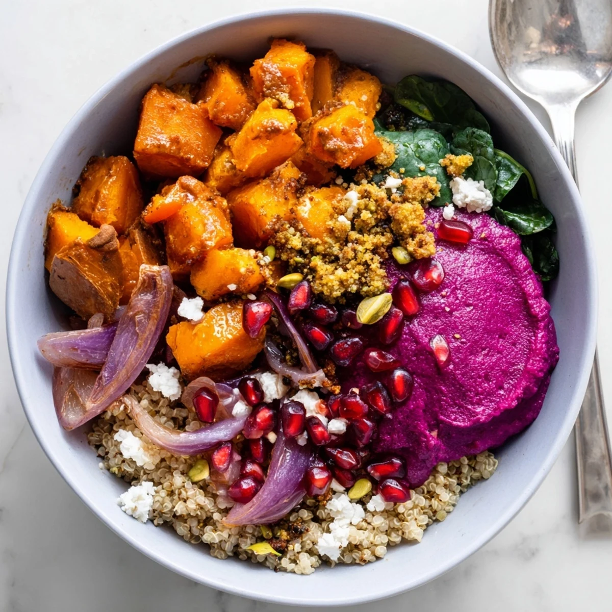 Cozy Spiced Winter Bowl topped with ube-coconut purée and crunchy pistachio crumble.  