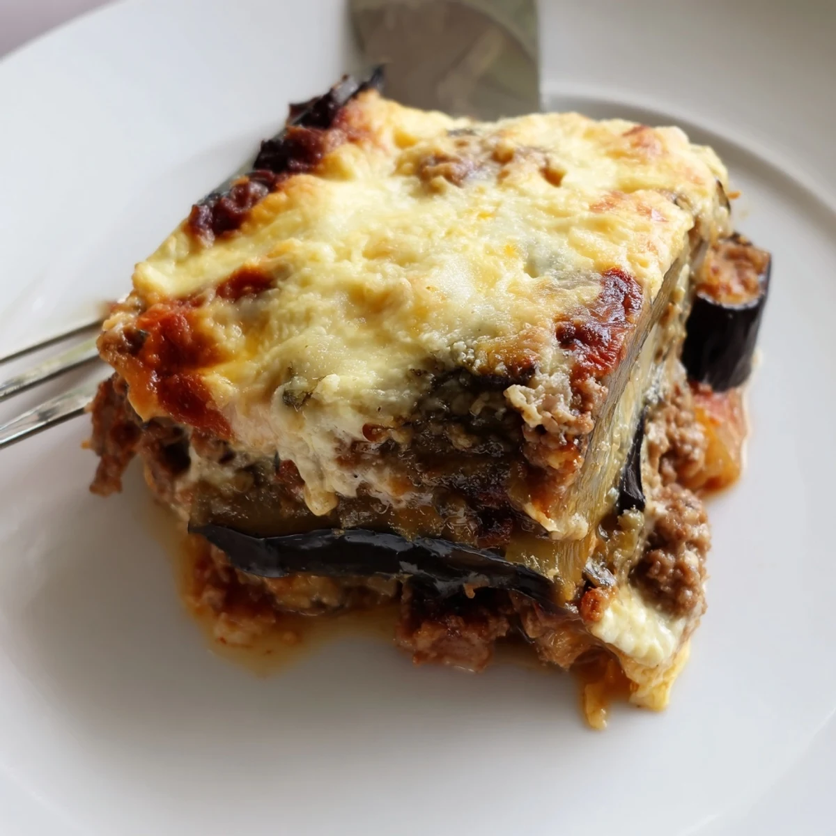 Delicious moussaka featuring layers of spiced beef and roasted eggplant, golden-baked.  