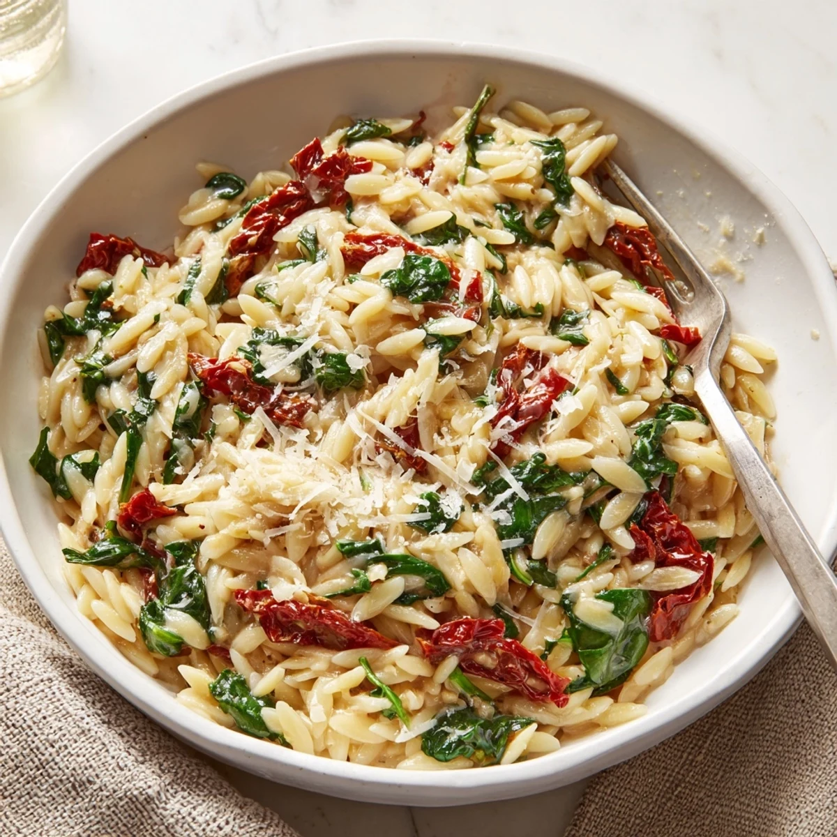 Deliciously creamy Tuscan Orzo Bowl, perfect for a comforting and hearty meal.