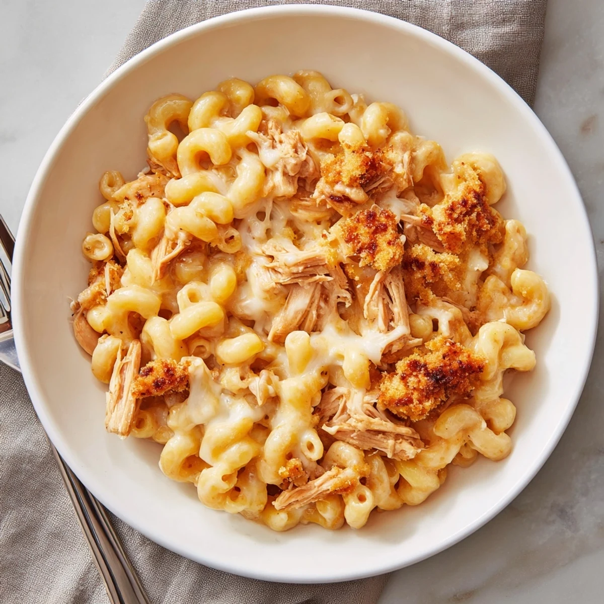 Creamy Classic Mac & Cheese with BBQ Chicken, topped with crispy golden breadcrumbs.  