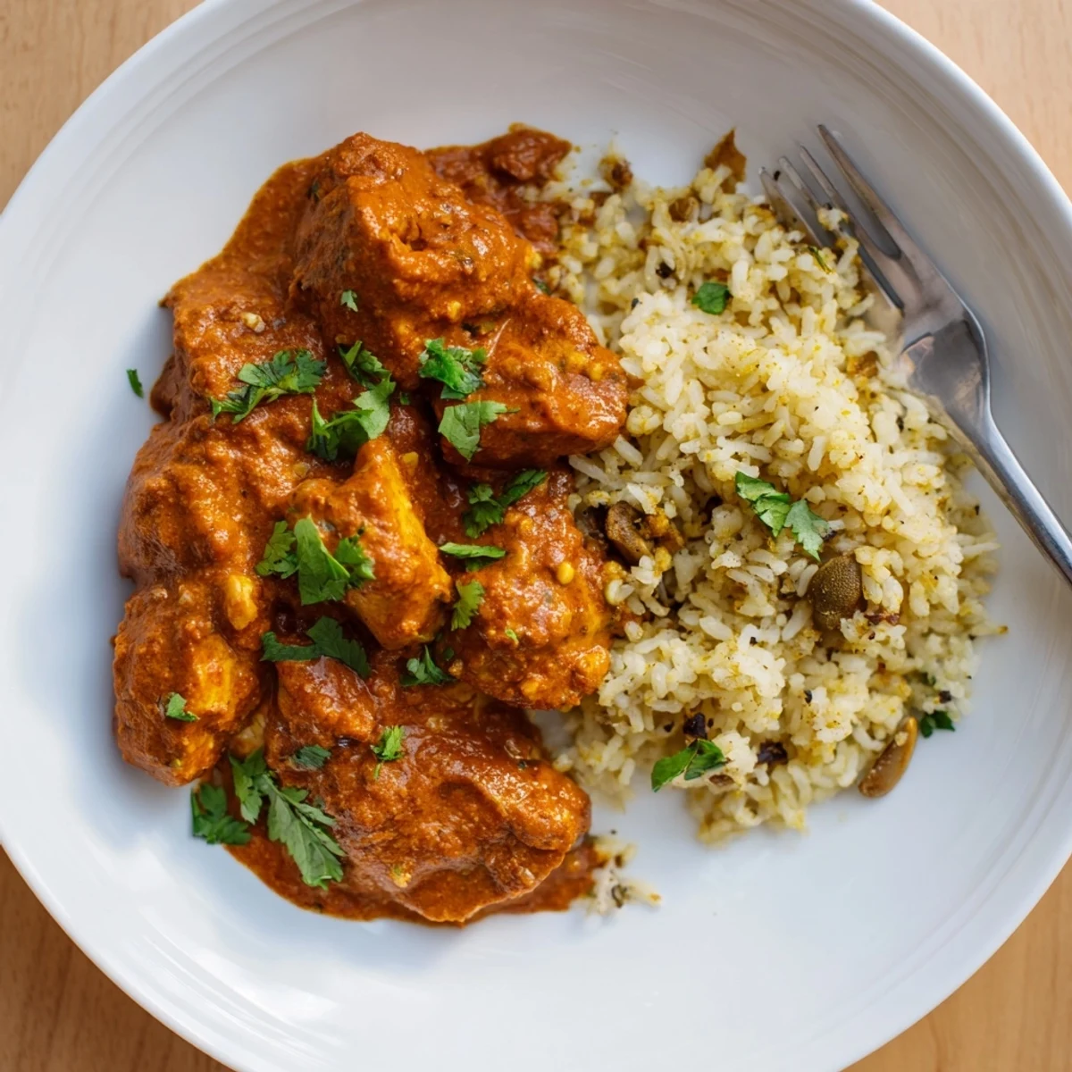 Tender butter chicken served over fluffy rice pilaf, garnished with fresh cilantro.  