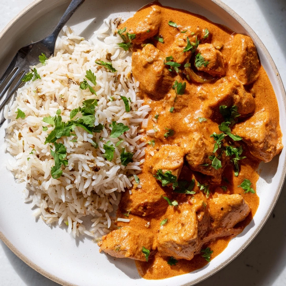A plate of creamy butter chicken beside aromatic basmati rice pilaf, perfect for dinner.  