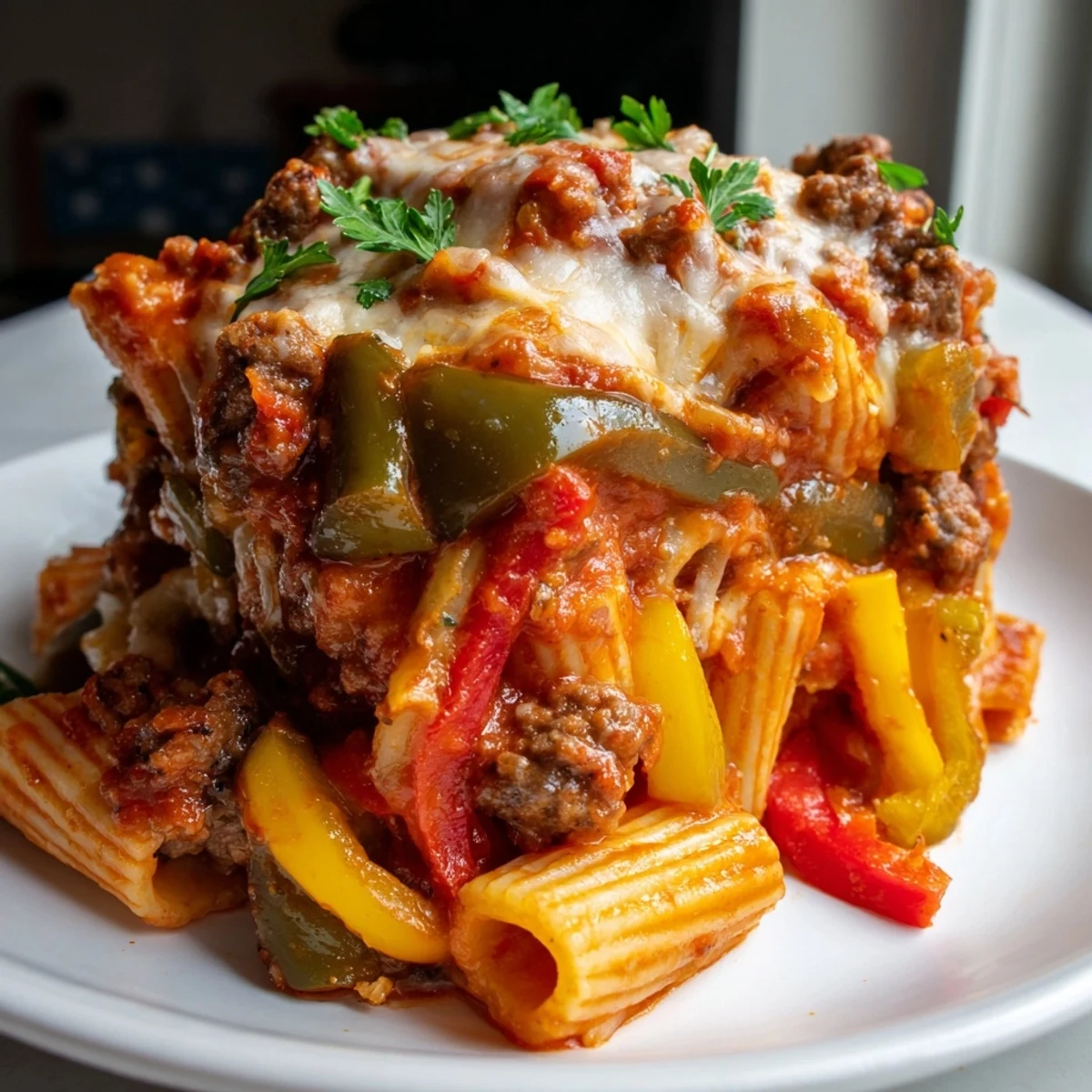 Hearty Baked Rigatoni with Sausage & Peppers, perfect for cozy family dinners.