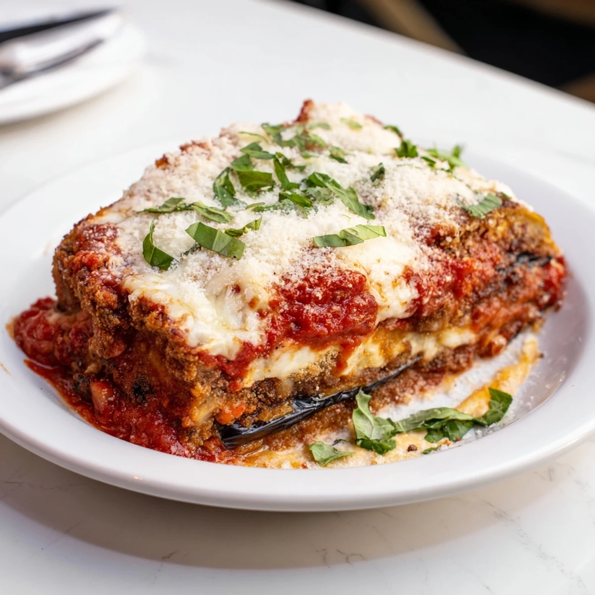 Sizzling slices of Eggplant Parmesan Lasagna, bursting with flavor and topped with melted mozzarella.  