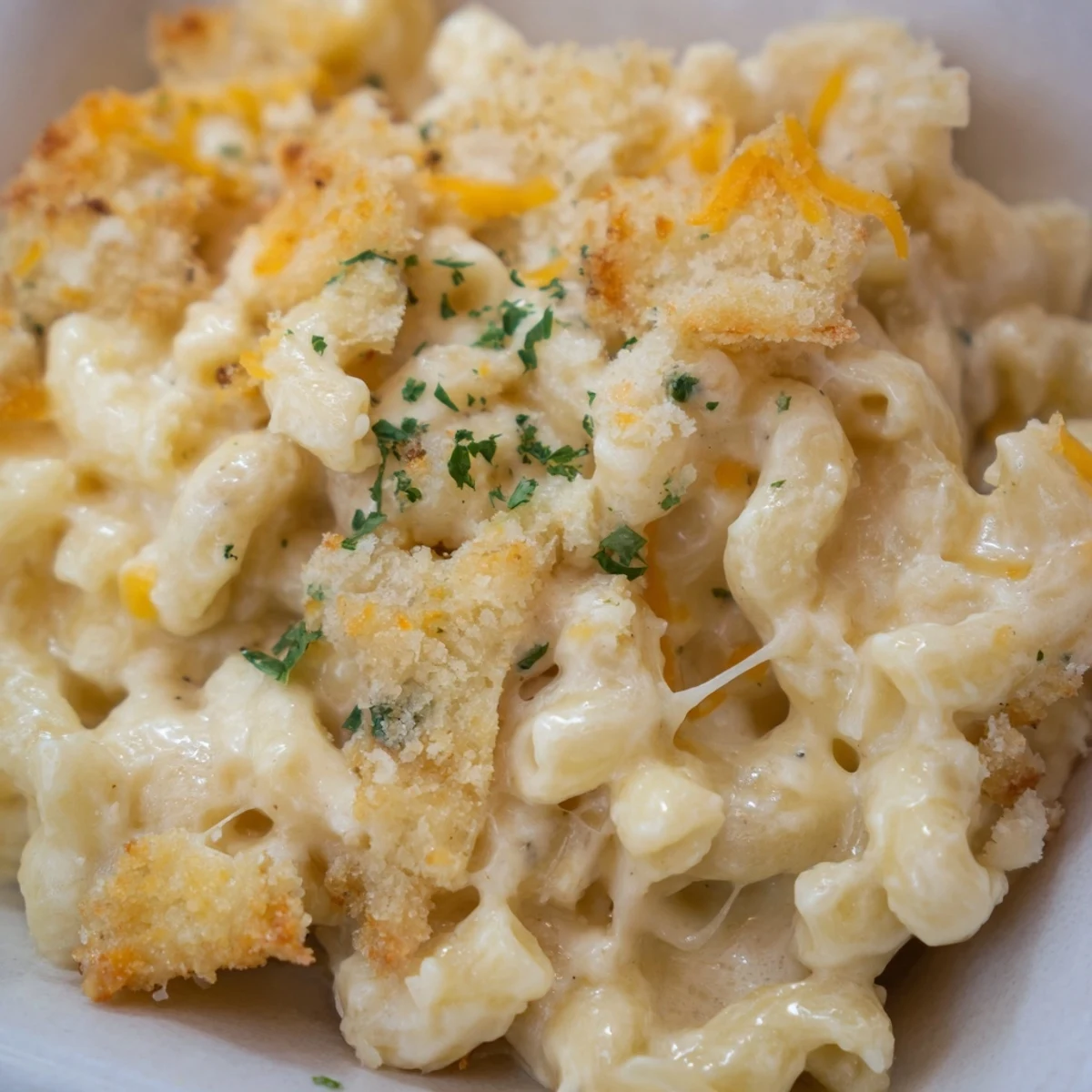 Creamy truffle macaroni and cheese topped with golden panko breadcrumbs fresh from the oven.  