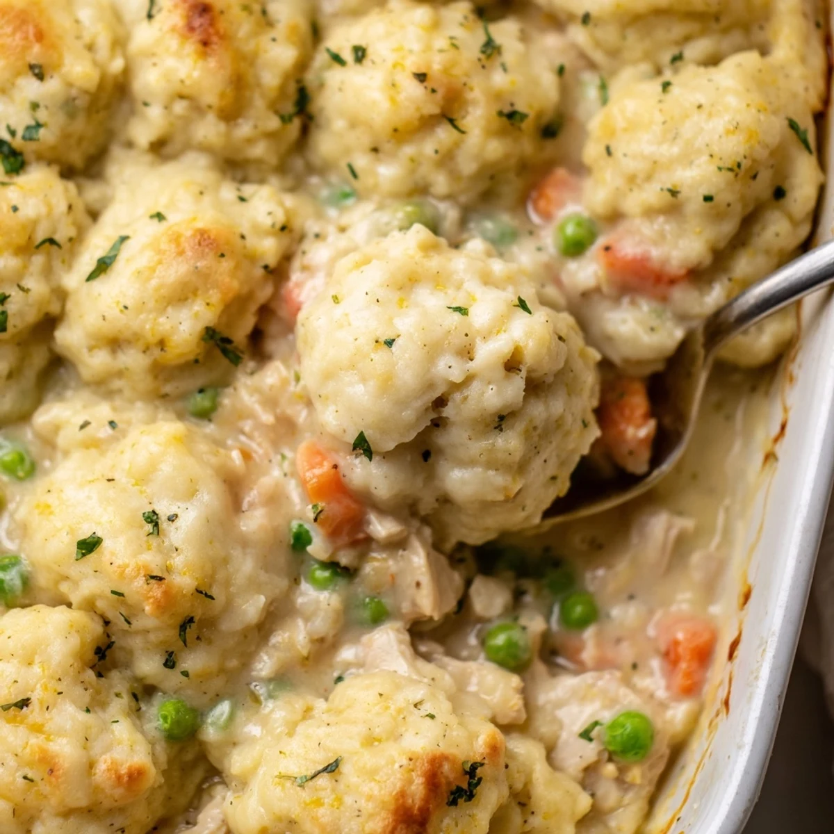 Hearty chicken and dumplings casserole, bubbling with creamy sauce and fresh veggies.  