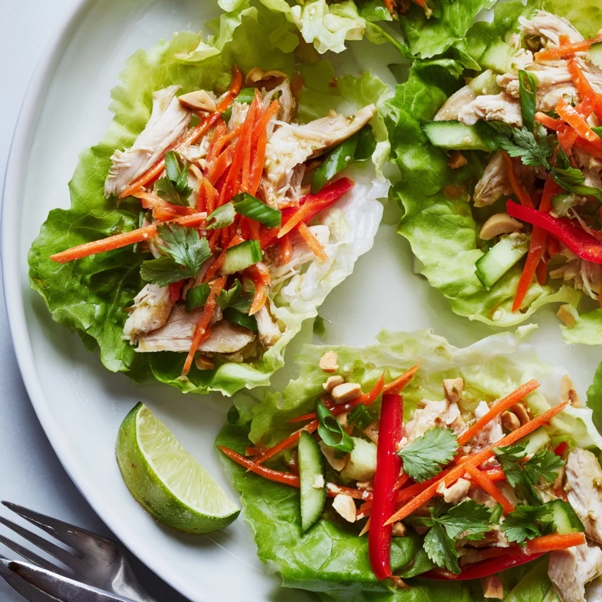 Delectable Coconut Lime Chicken Lettuce Wraps served with lime wedges for a refreshing taste.  