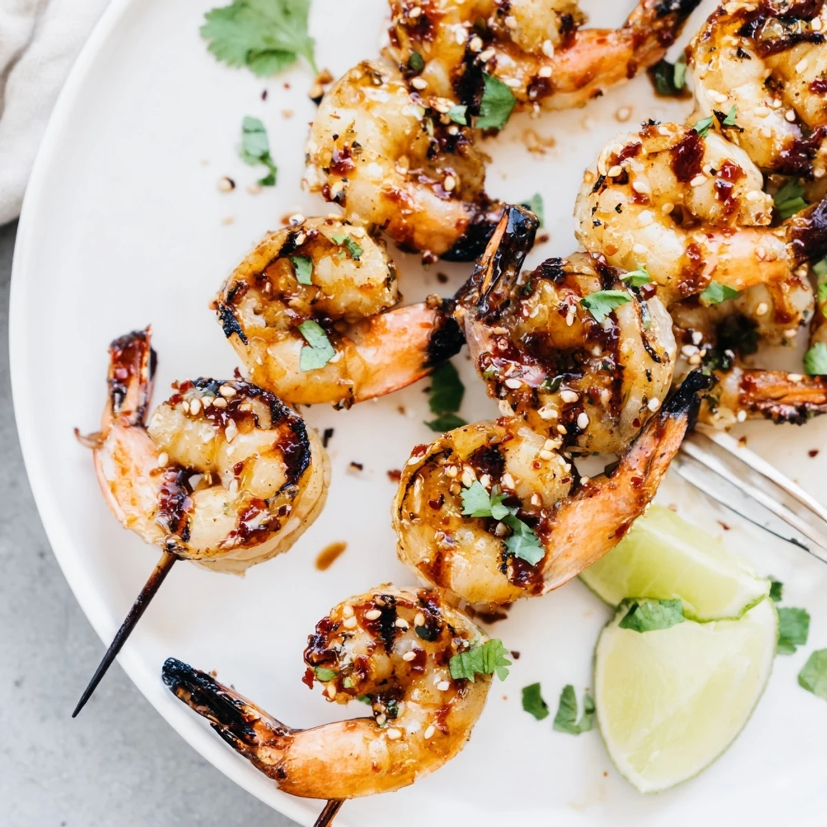 Savory and smoky Honey BBQ Sriracha shrimp skewers bursting with flavor and color.