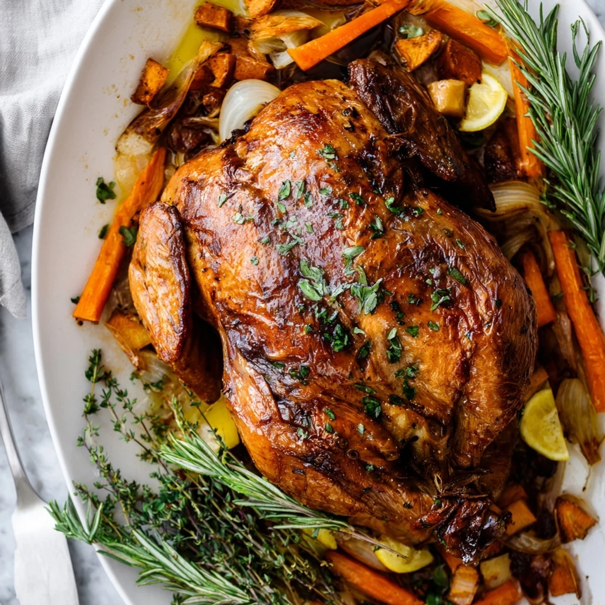 Lemon & Herb Roasted Whole Chicken glistening with golden skin and vibrant herbs.