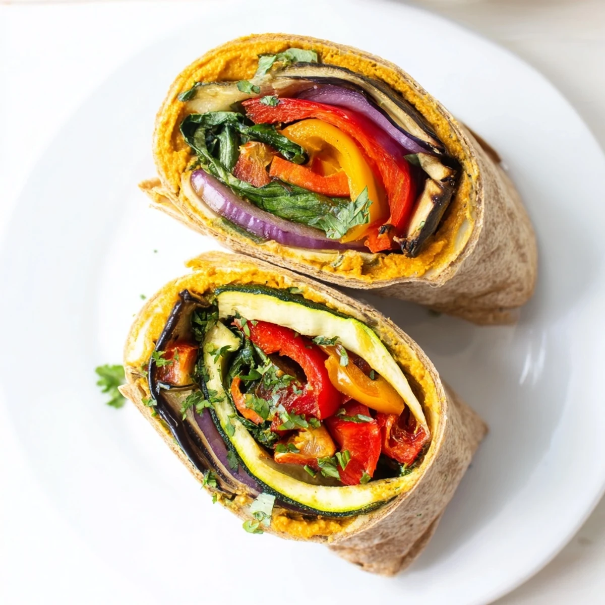 Savory roasted vegetable and creamy hummus wraps, packed with Mediterranean flavors.  